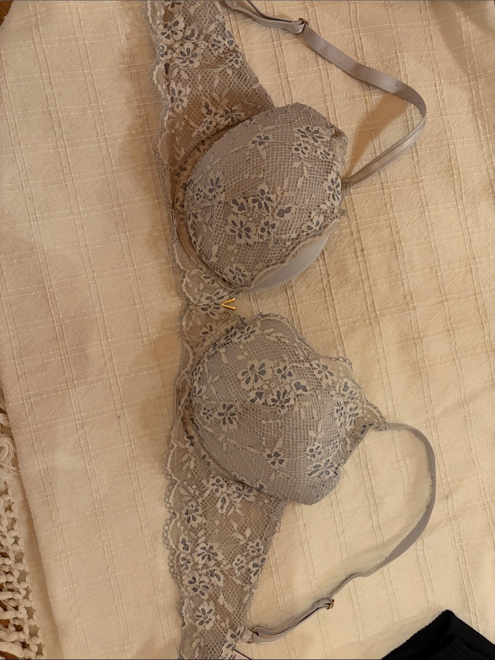 Victoria's Secret Gray Lace Push-Up Bra with Floral Overlay
